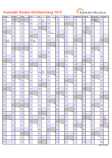 Baden-Württemberg Kalender 2015 mit Feiertagen - hoch-einseitig