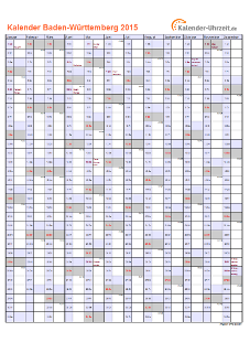 Baden-Württemberg Kalender 2015 - A4 hoch-einseitig Baden-Württemberg Kalender 2015 mit Feiertagen - hoch-einseitig