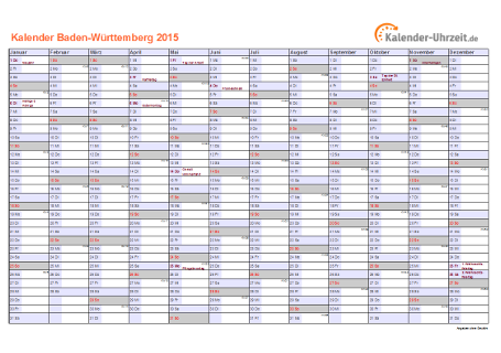 Baden-Württemberg Kalender 2015 mit Feiertagen - quer-einseitig