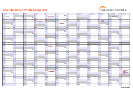 Baden-Württemberg Kalender 2015 - A4 quer-einseitig Baden-Württemberg Kalender 2015 mit Feiertagen - quer-einseitig