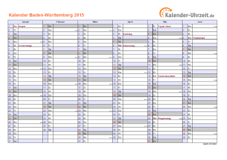 Baden-Württemberg Kalender 2015 mit Feiertagen - quer-zweiseitig