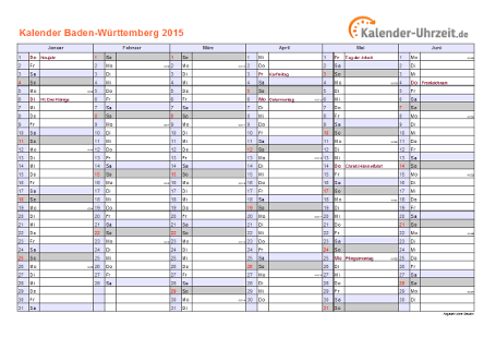 Baden-Württemberg Kalender 2015 - A4 quer-zweiseitig Baden-Württemberg Kalender 2015 mit Feiertagen - quer-zweiseitig