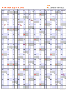 Bayern Kalender 2015 mit Feiertagen - hoch-einseitig