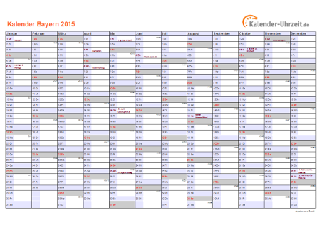 Bayern Kalender 2015 mit Feiertagen - quer-einseitig