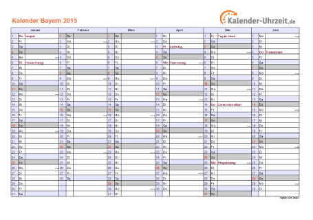 Bayern Kalender 2015 mit Feiertagen - quer-zweiseitig