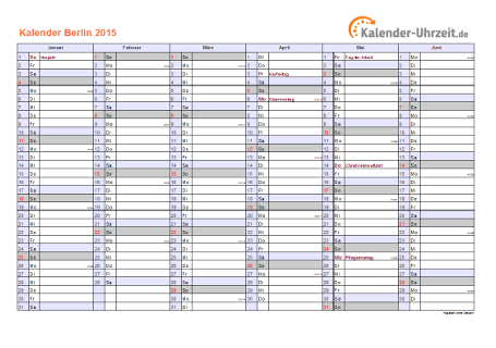 Berlin Kalender 2015 mit Feiertagen - quer-zweiseitig