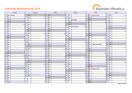 Brandenburg Kalender 2015 mit Feiertagen - quer-zweiseitig