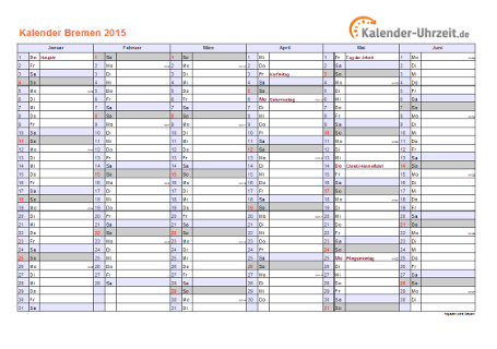 Bremen Kalender 2015 mit Feiertagen - quer-zweiseitig
