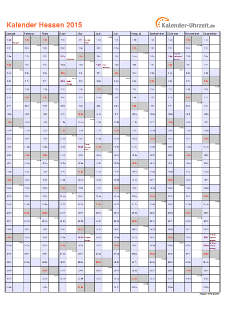 Hessen Kalender 2015 mit Feiertagen - hoch-einseitig