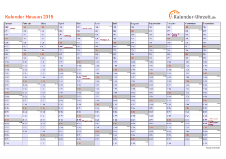 Hessen Kalender 2015 mit Feiertagen - quer-einseitig