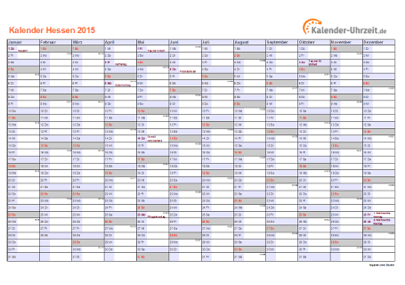 Hessen Kalender 2015 - A4 quer-einseitig Hessen Kalender 2015 mit Feiertagen - quer-einseitig