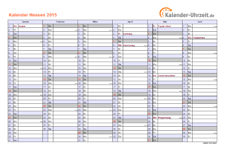 Hessen Kalender 2015 mit Feiertagen - quer-zweiseitig