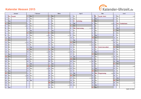 Hessen Kalender 2015 - A4 quer-zweiseitig Hessen Kalender 2015 mit Feiertagen - quer-zweiseitig