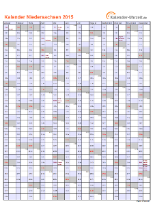 Niedersachsen Kalender 2015 mit Feiertagen - hoch-einseitig