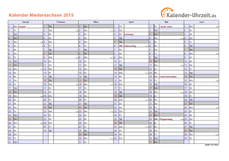 Niedersachsen Kalender 2015 mit Feiertagen - quer-zweiseitig