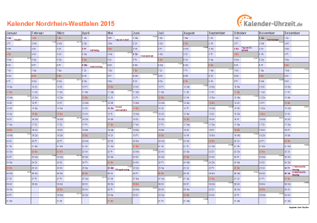 Nordrhein-Westfalen Kalender 2015 mit Feiertagen - quer-einseitig