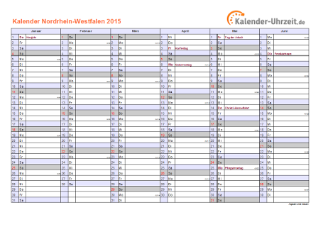 Nordrhein-Westfalen Kalender 2015 mit Feiertagen - quer-zweiseitig