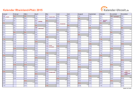 Rheinland-Pfalz Kalender 2015 mit Feiertagen - quer-einseitig