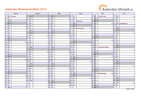 Rheinland-Pfalz Kalender 2015 mit Feiertagen - quer-zweiseitig