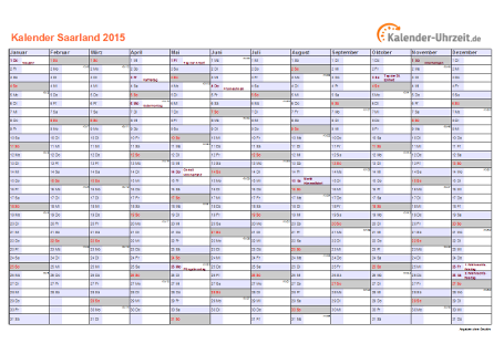 Saarland Kalender 2015 mit Feiertagen - quer-einseitig