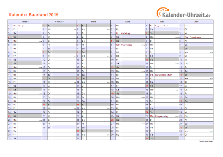 Saarland Kalender 2015 mit Feiertagen - quer-zweiseitig