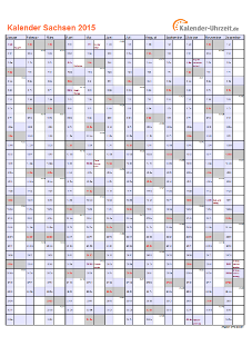 Sachsen Kalender 2015 mit Feiertagen - hoch-einseitig