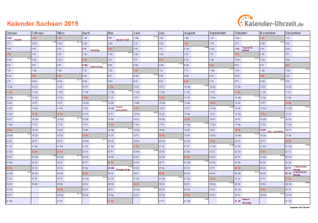 Sachsen Kalender 2015 mit Feiertagen - quer-einseitig