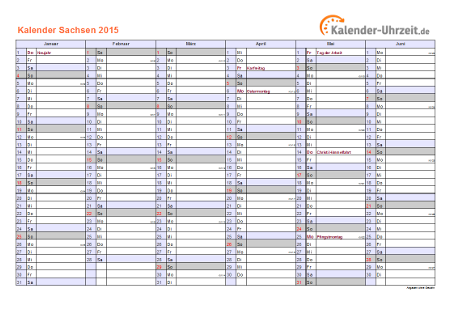 Sachsen Kalender 2015 mit Feiertagen - quer-zweiseitig