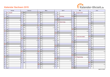 Sachsen Kalender 2015 - A4 quer-zweiseitig Sachsen Kalender 2015 mit Feiertagen - quer-zweiseitig