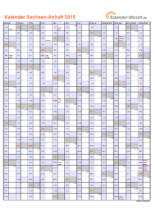 Sachsen-Anhalt Kalender 2015 mit Feiertagen - hoch-einseitig