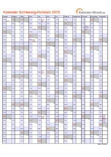 Schleswig-Holstein Kalender 2015 mit Feiertagen - hoch-einseitig