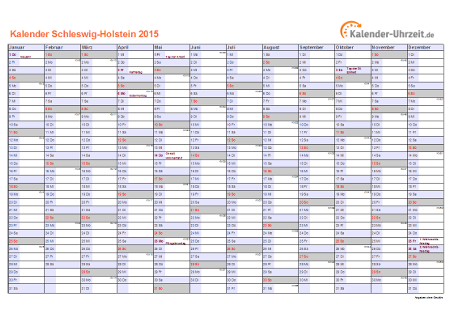 Schleswig-Holstein Kalender 2015 mit Feiertagen - quer-einseitig