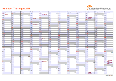 Thüringen Kalender 2015 mit Feiertagen - quer-einseitig