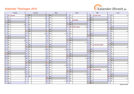 Thüringen Kalender 2015 mit Feiertagen - quer-zweiseitig