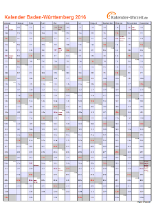 Baden-Württemberg Kalender 2016 mit Feiertagen - hoch-einseitig