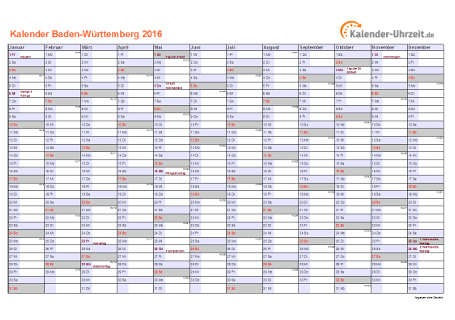 Baden-Württemberg Kalender 2016 mit Feiertagen - quer-einseitig