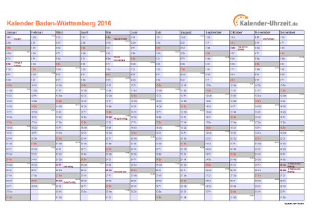 Baden-Württemberg Kalender 2016 - A4 quer-einseitig Baden-Württemberg Kalender 2016 mit Feiertagen - quer-einseitig