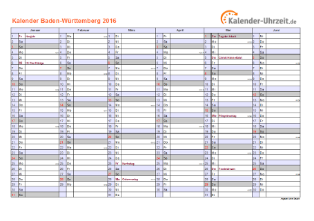 Baden-Württemberg Kalender 2016 mit Feiertagen - quer-zweiseitig