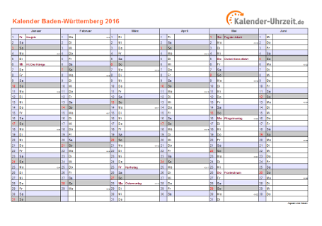 Baden-Württemberg Kalender 2016 - A4 quer-zweiseitig Baden-Württemberg Kalender 2016 mit Feiertagen - quer-zweiseitig