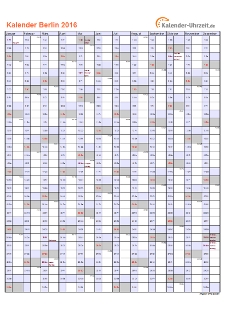 Berlin Kalender 2016 mit Feiertagen - hoch-einseitig