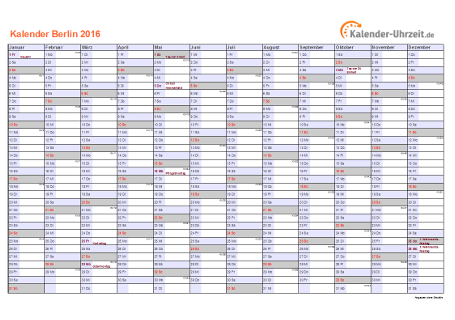 Berlin Kalender 2016 mit Feiertagen - quer-einseitig