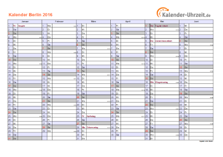 Berlin Kalender 2016 mit Feiertagen - quer-zweiseitig