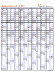 Brandenburg Kalender 2016 mit Feiertagen - hoch-einseitig