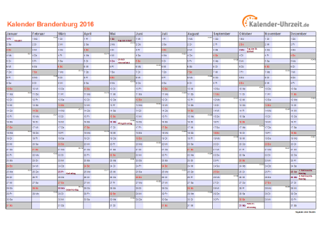 Brandenburg Kalender 2016 mit Feiertagen - quer-einseitig