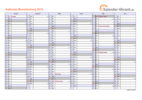 Brandenburg Kalender 2016 mit Feiertagen - quer-zweiseitig