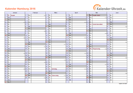 Hamburg Kalender 2016 mit Feiertagen - quer-zweiseitig