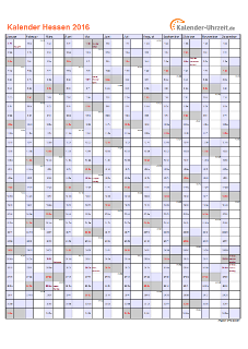 Hessen Kalender 2016 mit Feiertagen - hoch-einseitig