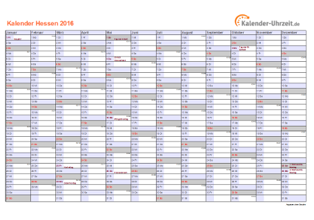 Hessen Kalender 2016 mit Feiertagen - quer-einseitig