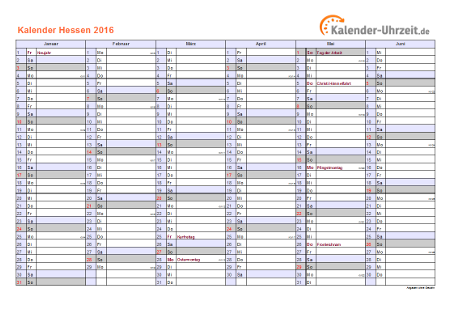 Hessen Kalender 2016 mit Feiertagen - quer-zweiseitig