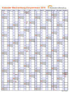 Meck.-Pomm. Kalender 2016 mit Feiertagen - hoch-einseitig